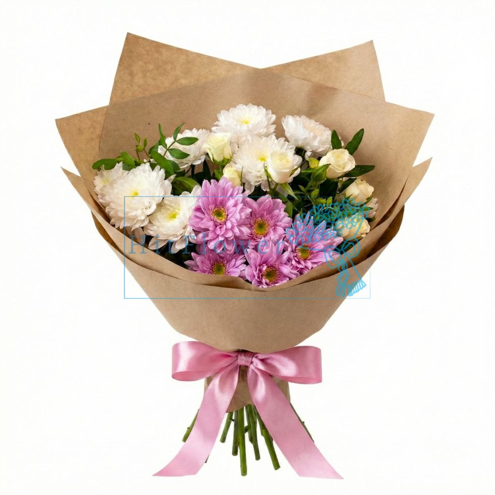 Букет цветов из: Хризантемы и Розы